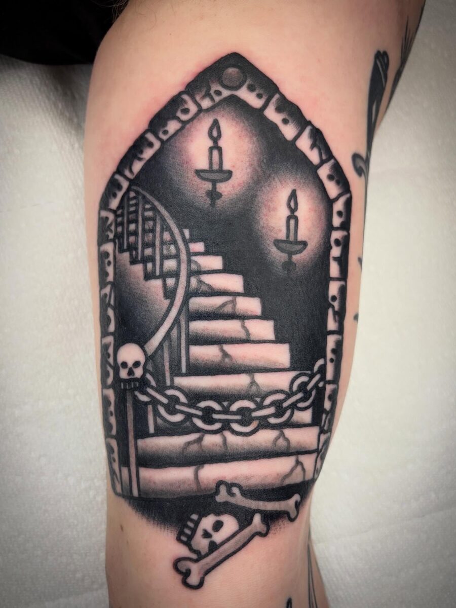 Intriguing stairway tattoo with dark vibes Tattoo on skin