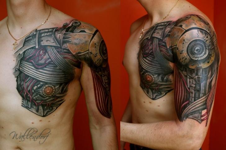 Biomechanical Chest, Shoulder and Arm Tattoo Tattoo on skin