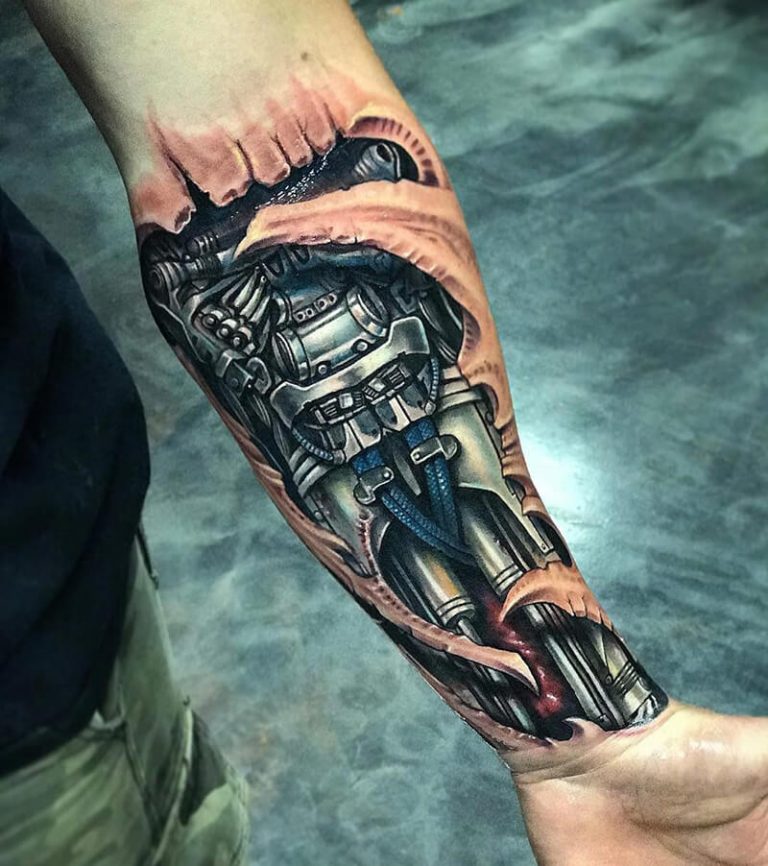 Biomechanical Forearm Tattoo with Metal Rods biomechanical tattoos