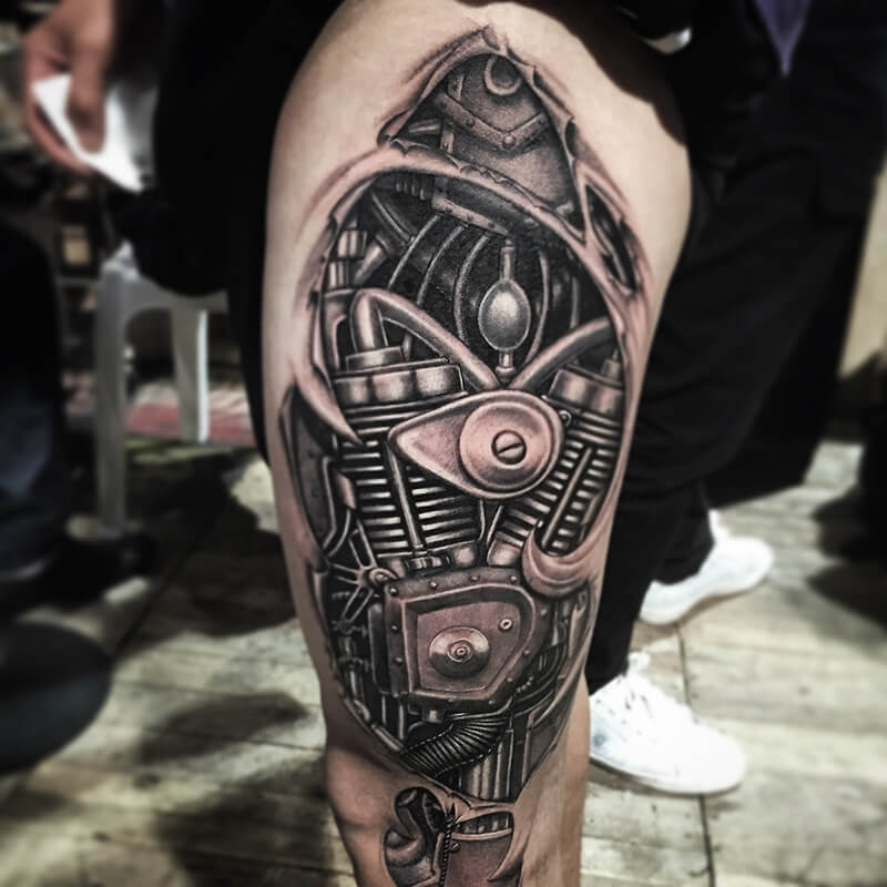 Black and White Biomechanical Tattoo on Leg Tattoo on skin