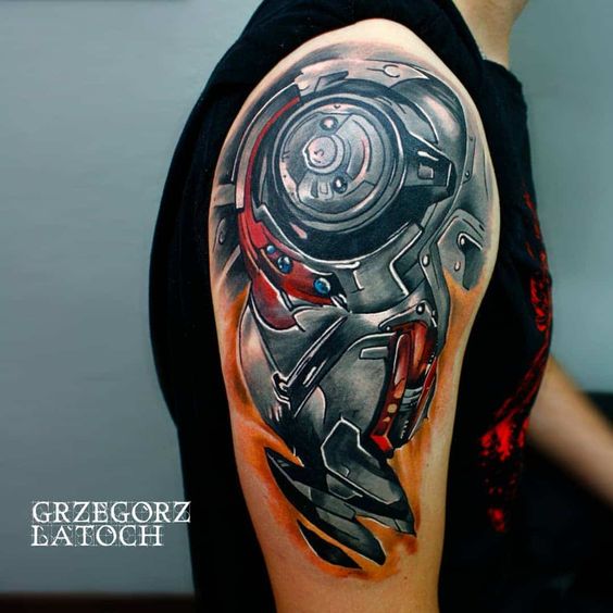 Black Metal Biomechanical Tattoo on Shoulder Tattoo on skin