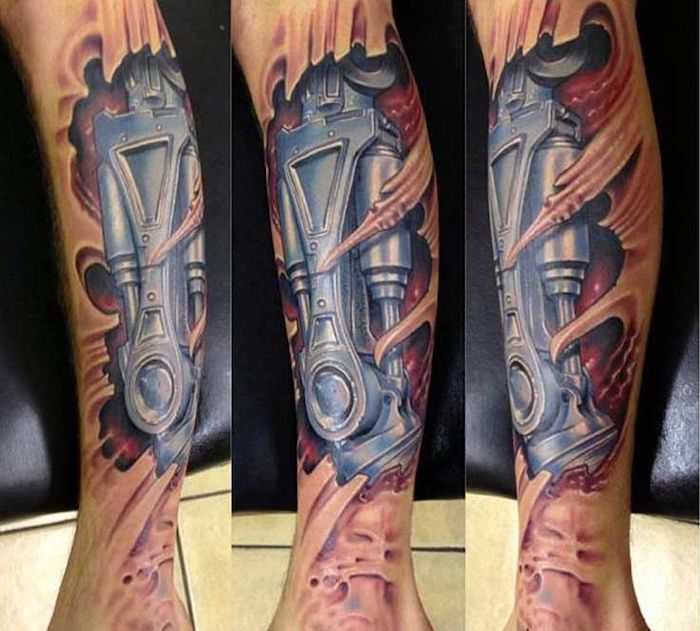Blue Metal Ripped Skin Biomechanical Tattoo Tattoo on skin