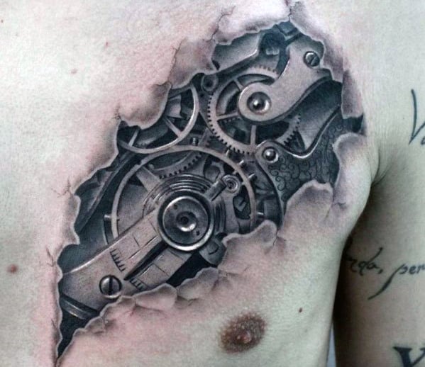 Cogs and Wheels Biomechanical Chest Tattoo Tattoo on skin
