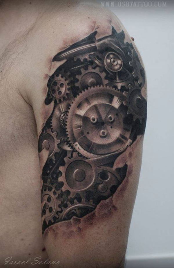 Cogs and Wheels Biomechanical Shoulder Tattoo Tattoo on skin
