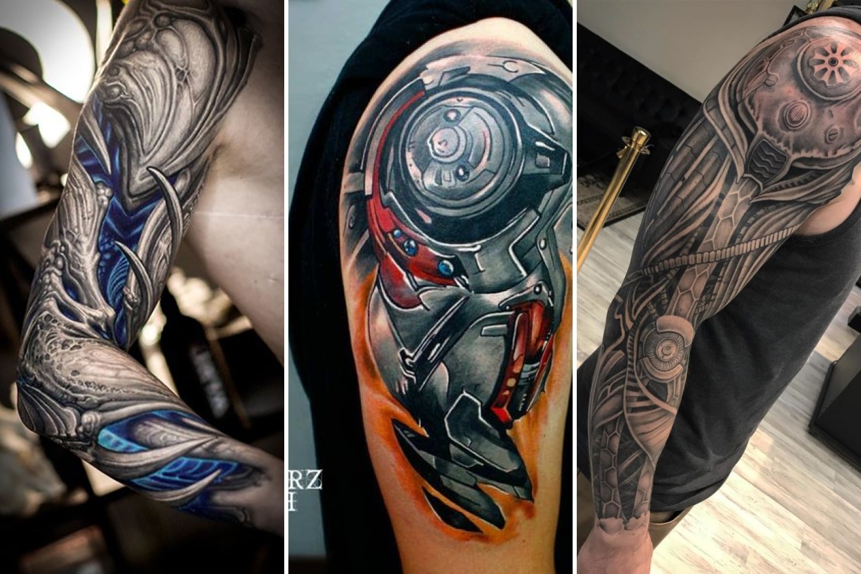 30+ Biomechanical Tattoos Merging Organic Flesh With Cybernetic Power Featured 3-Panel Lookbook Collage