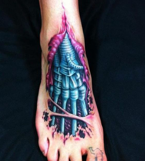 Feminine Foot Bone Tattoo in Biomechanical Style Tattoo on skin