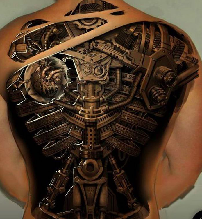 Full Back Biomechanical Tattoo in Grayscale Tattoo on skin