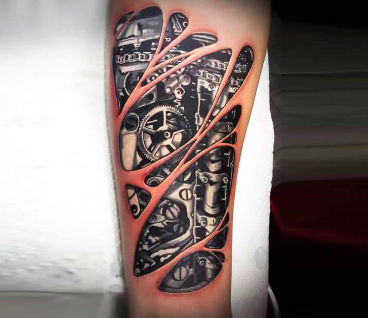 Gears and Rods Ripped Skin Biomechanical Tattoo Tattoo on skin