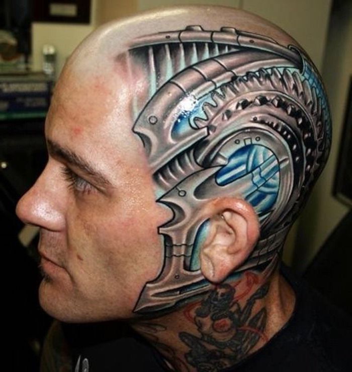 Gray and Blue Biomechanical Skull Tattoo on Head Tattoo on skin