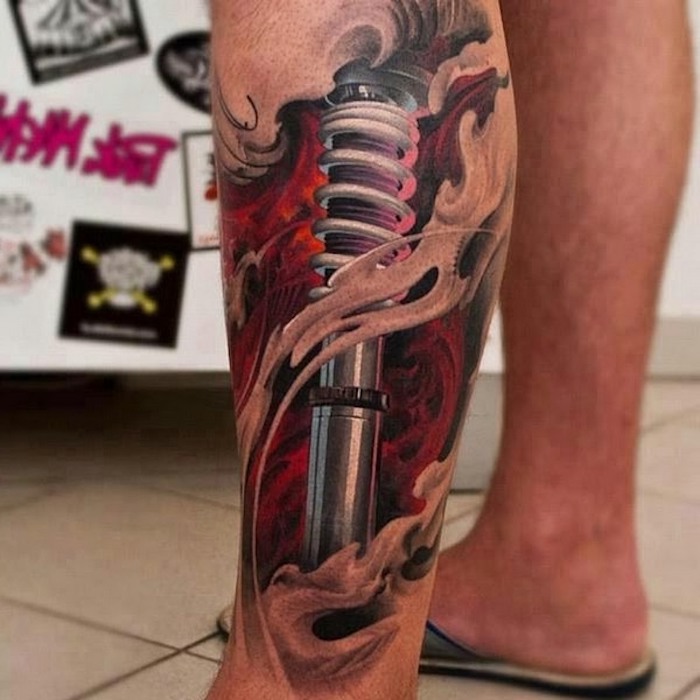 Metal Rod and Spring Biomechanical Leg Tattoo Tattoo on skin