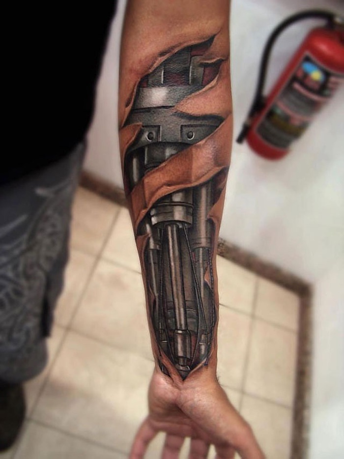 Metal Rods Under Forearm Biomechanical Tattoo Tattoo on skin