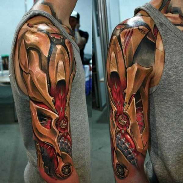 Metallic Gold Half Arm Biomechanical Tattoo Sleeve Tattoo on skin