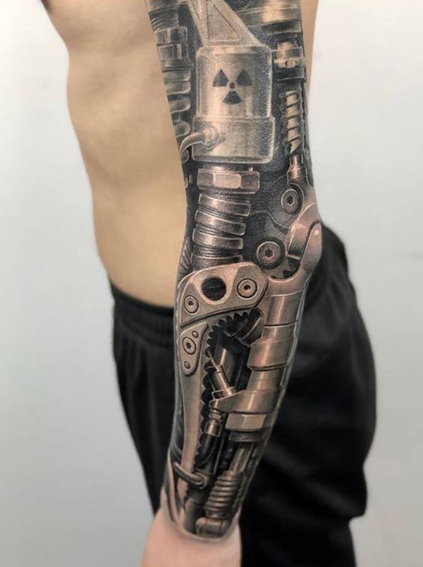 Realistic Robot Arm Grayscale Biomechanical Tattoo Tattoo on skin