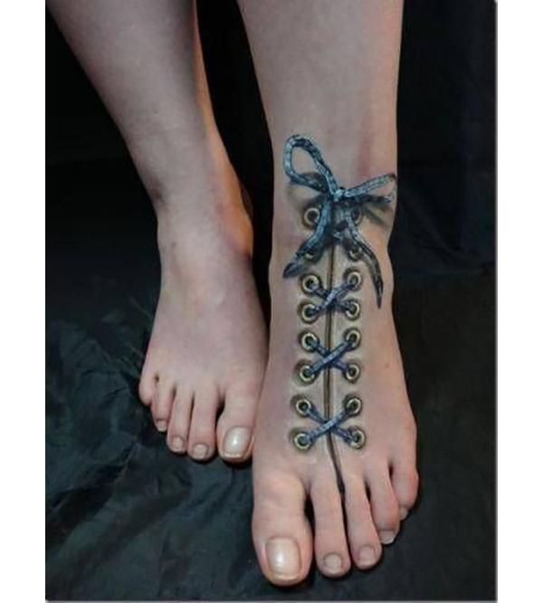 Realistic Shoelaces Biomechanical Tattoo on Foot Tattoo on skin