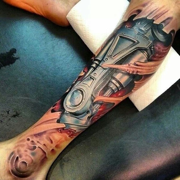 Shiny Metal Biomechanical Tattoo on Leg Tattoo on skin