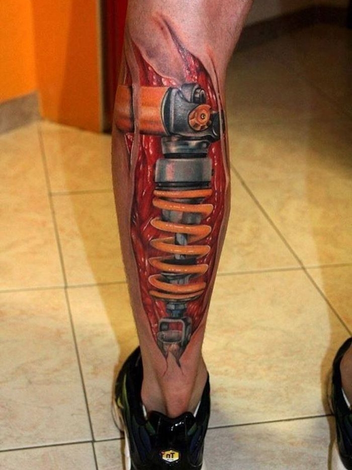 Spring Loaded BioMechanical Leg Tattoo in Color Tattoo on skin