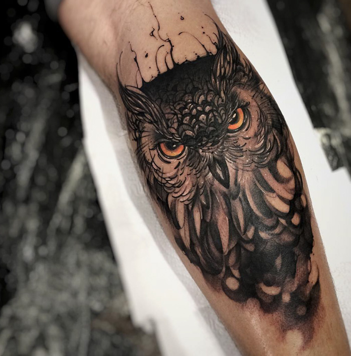 Black Owl with Yellow Eyes Forearm Tattoo Tattoo on skin