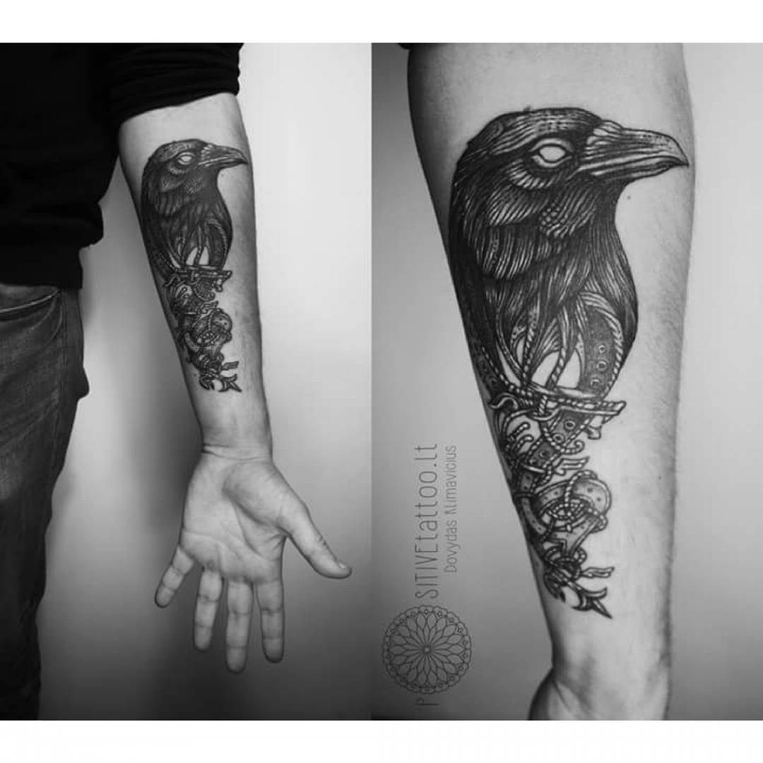 Dramatic Black and White Steampunk Raven Tattoo Tattoo on skin