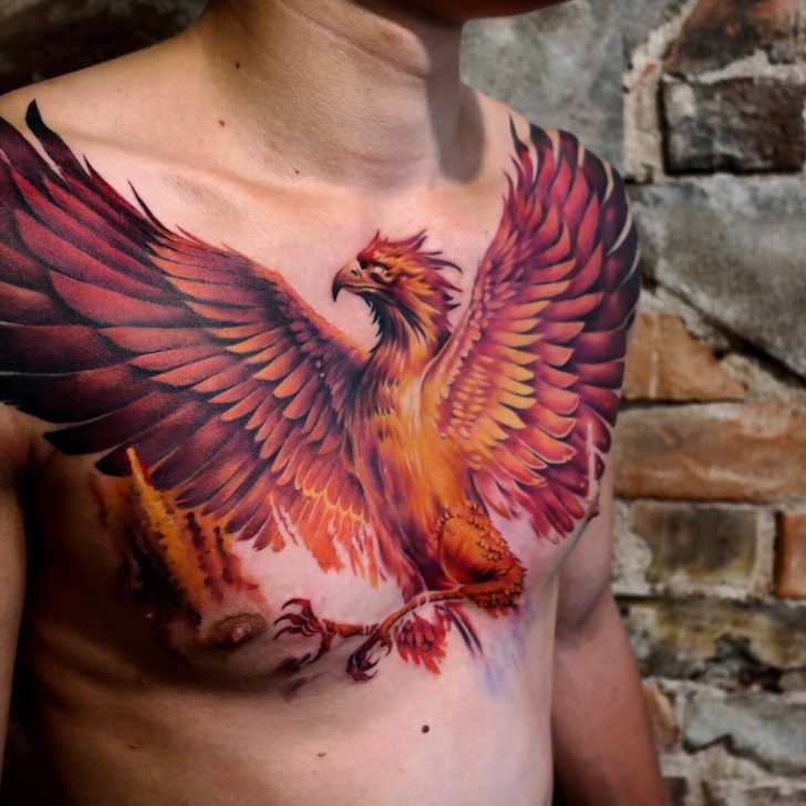 Fiery Red Phoenix Full Chest Tattoo Tattoo on skin