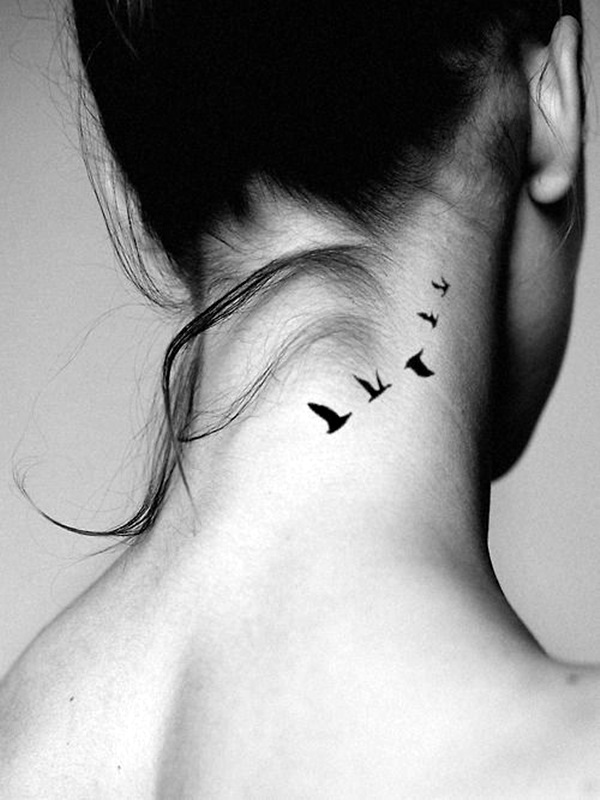 Five Black Birds in Flight Neck Tattoo Tattoo on skin
