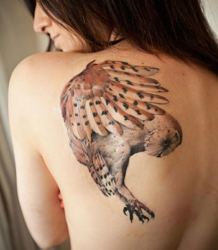 Flying Owl Shoulder Tattoo in Natural Color Tattoo on skin