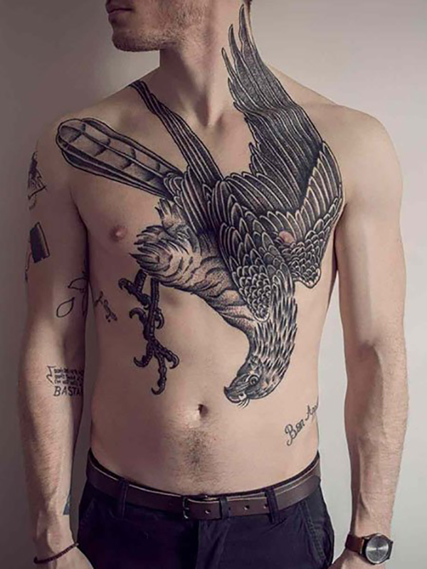 Giant Grayscale Hawk Tattoo on Chest Tattoo on skin