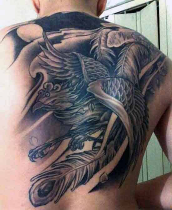 Grayscale Phoenix and Feathers Back Tattoo Tattoo on skin