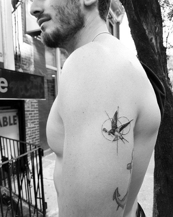 Grayscale Swallow with Rose and Circles Tattoo Tattoo on skin