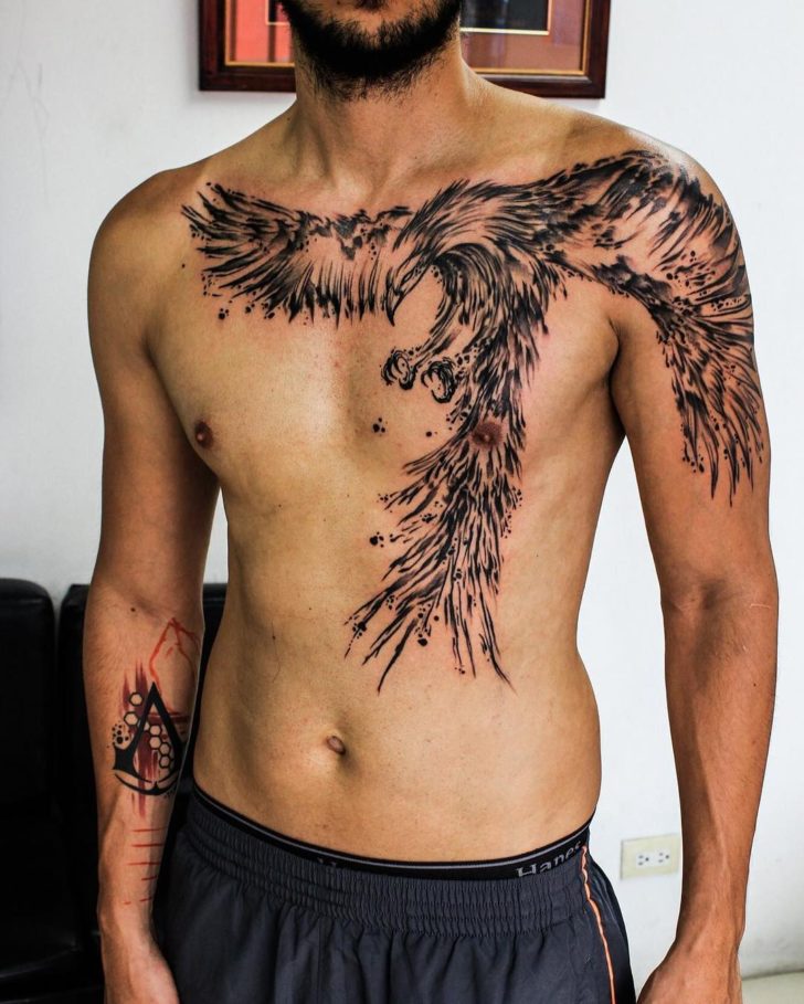 Heavily Feathered Black and White Phoenix Tattoo Tattoo on skin