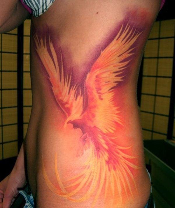 No Outline Vibrant Phoenix Tattoo on Side Tattoo on skin