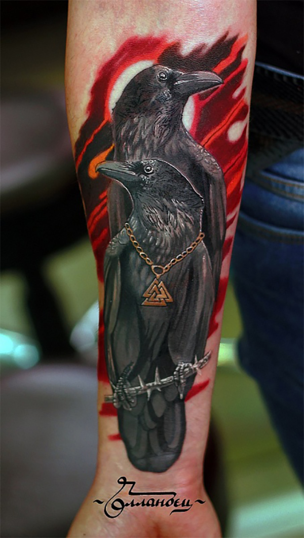 Pair of Ravens in Red Sky Tattoo Tattoo on skin