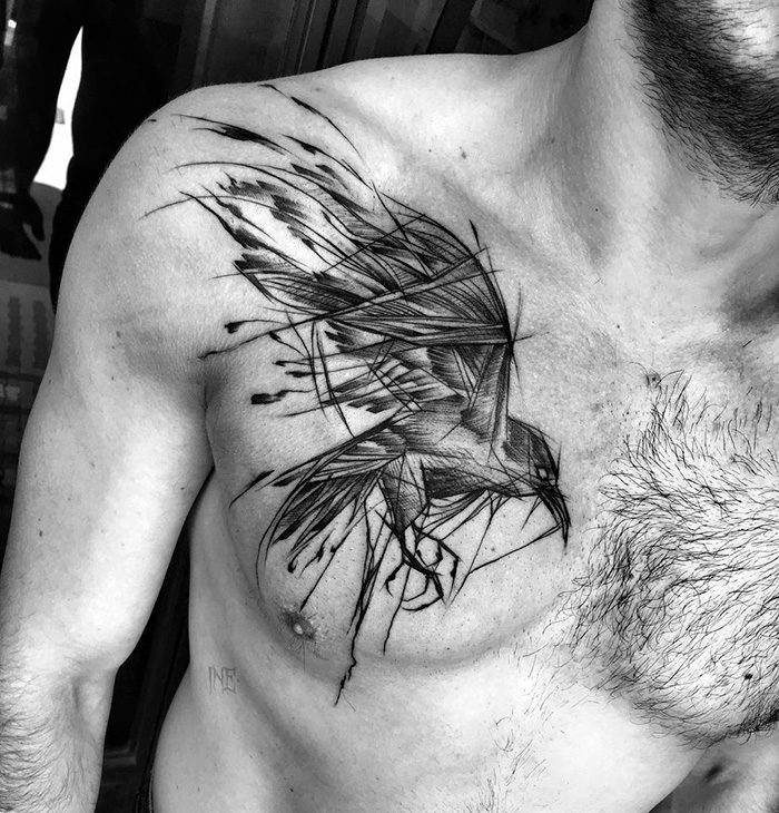 Sketch Style Raven Tattoo in Grayscale Tattoo on skin