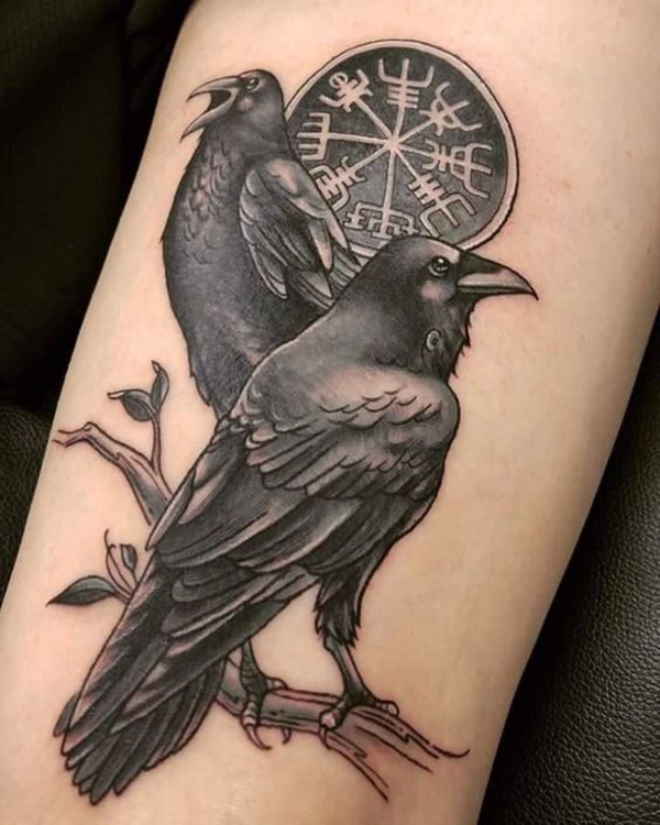 Two Ravens with Clock Grayscale Tattoo Tattoo on skin