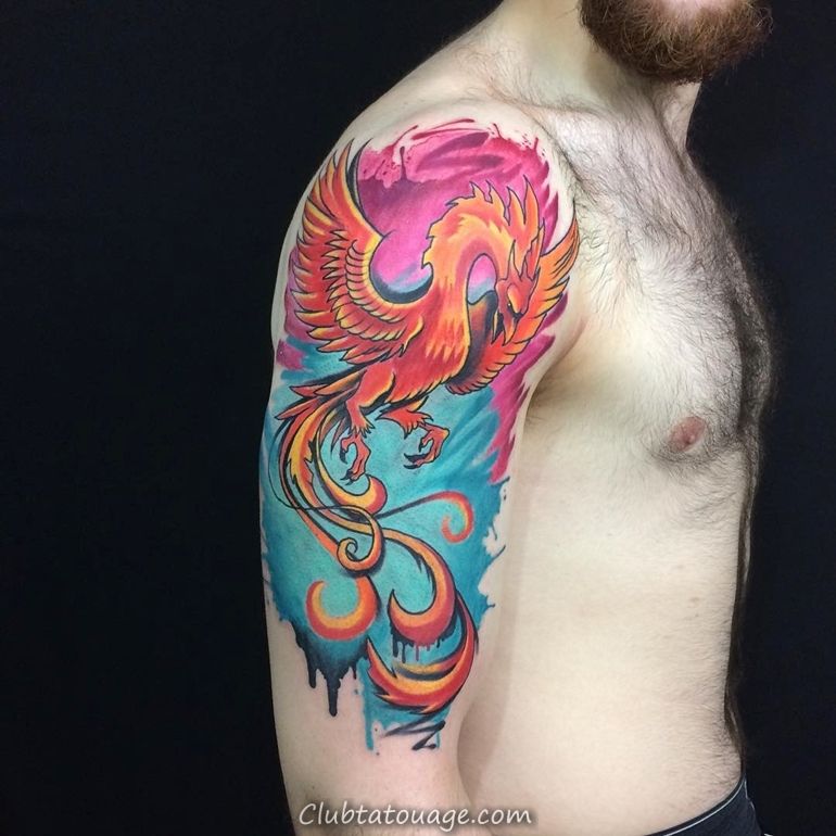 Vibrant Red and Blue Phoenix Shoulder and Elbow Tattoo Tattoo on skin