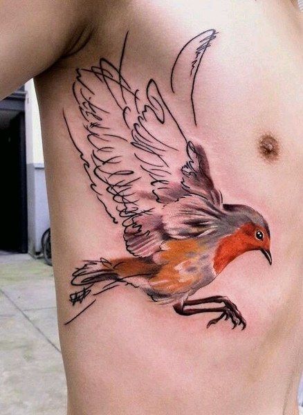 Watercolor Red Breasted Robin Tattoo on Torso Tattoo on skin