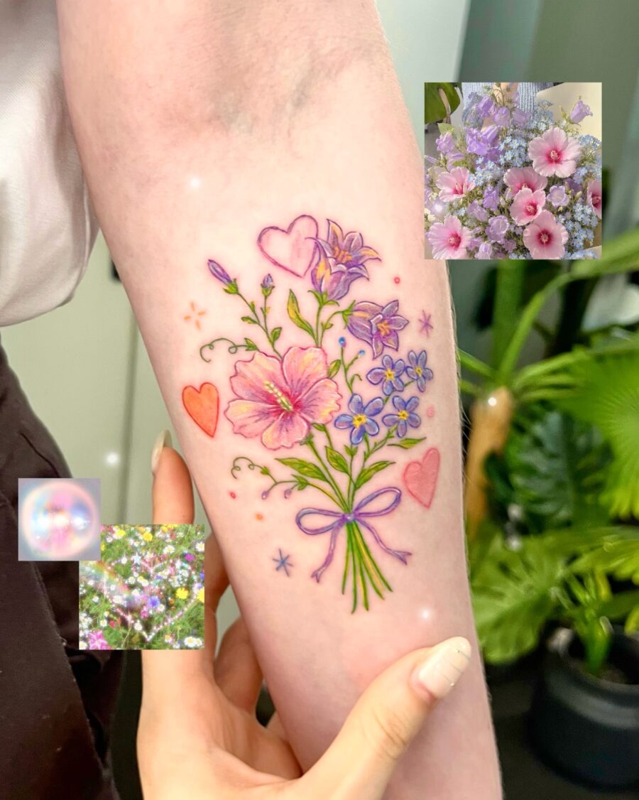 Colorful floral and heart tattoo design idea Tattoo on skin