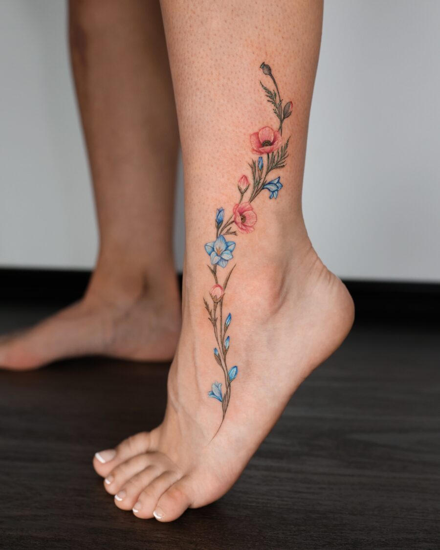 Delicate Floral Birth Flower Ankle Tattoo Design Tattoo on skin