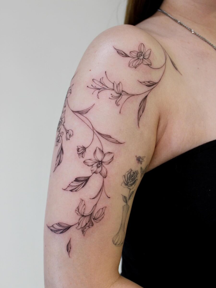 Elegant floral tattoo showcasing birth flowers Tattoo on skin