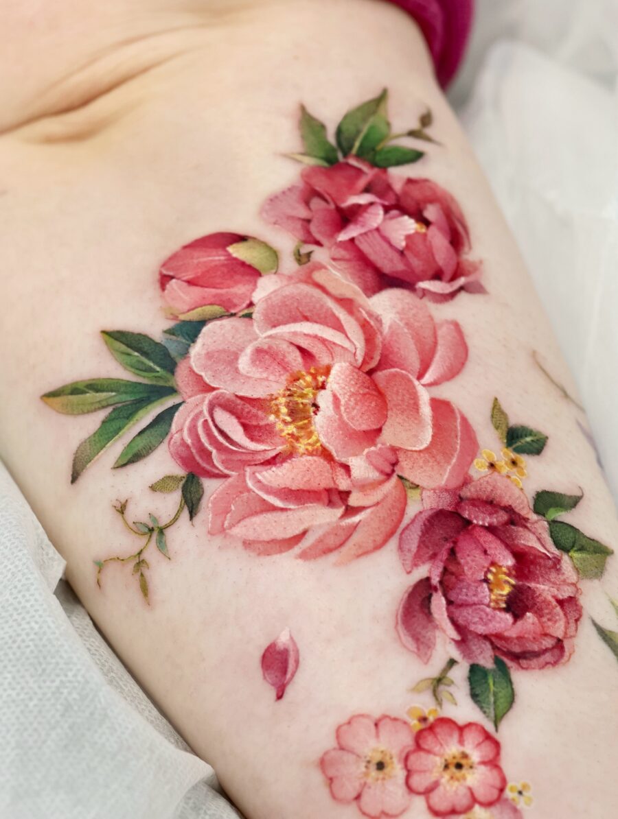 Stunning peony tattoo celebrating birth flowers Tattoo on skin