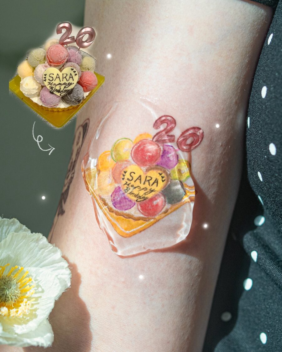 Colorful birthday cake and ice cream tattoo Tattoo on skin