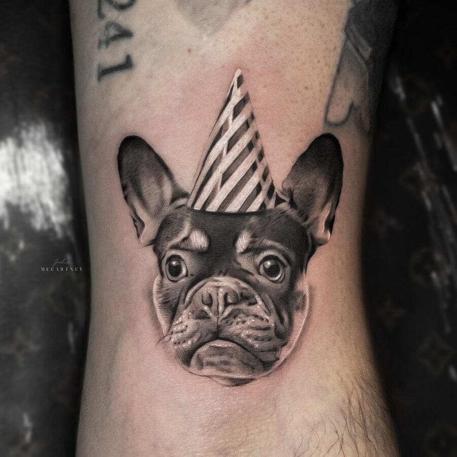 Festive French Bulldog Birthday Tattoo Design Tattoo on skin