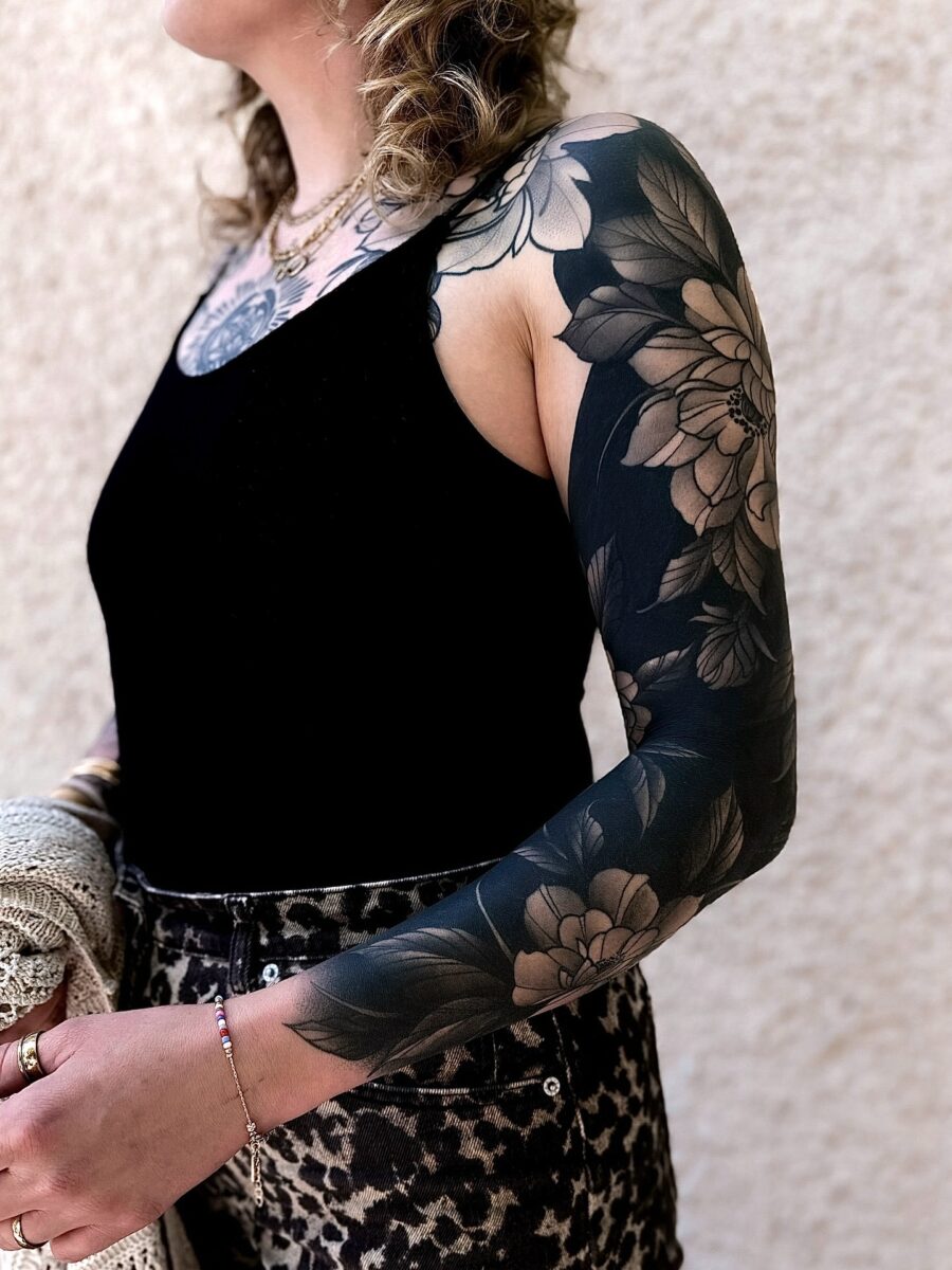 Elegant Floral Black Sleeve Tattoo Design Tattoo on skin