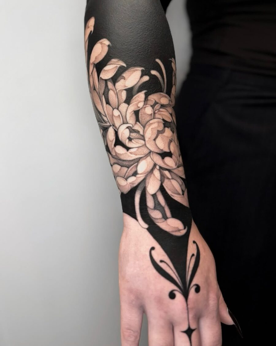 Stylish black and white floral tattoo sleeve Tattoo on skin