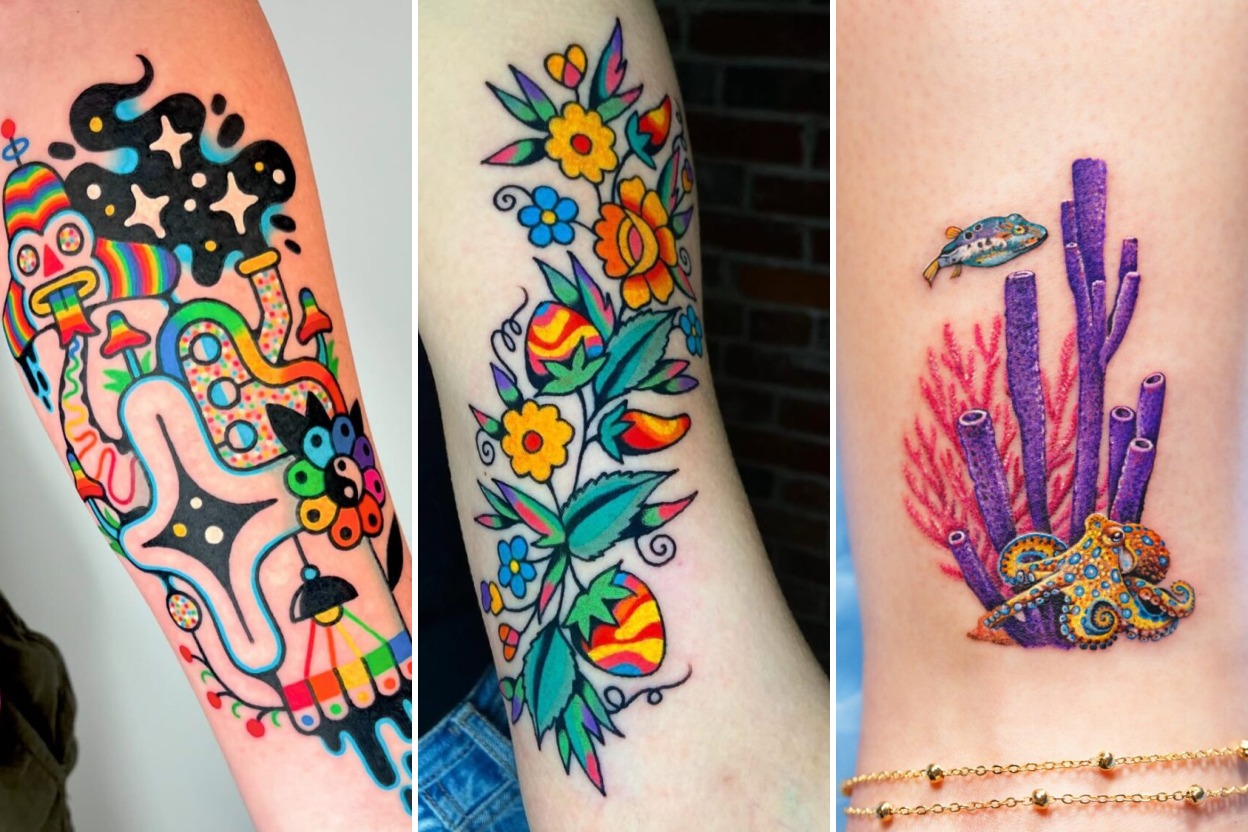 35+ Bright Color Tattoo Ideas Exploding With Radiant Saturated Pigment Featured 3-Panel Lookbook Collage
