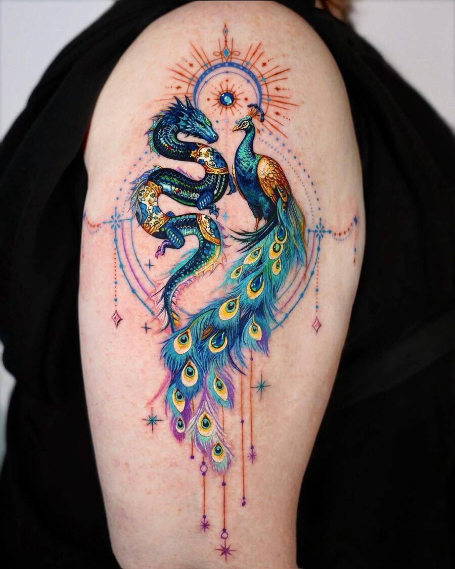 Vibrant dragon and peacock tattoo masterpiece Tattoo on skin