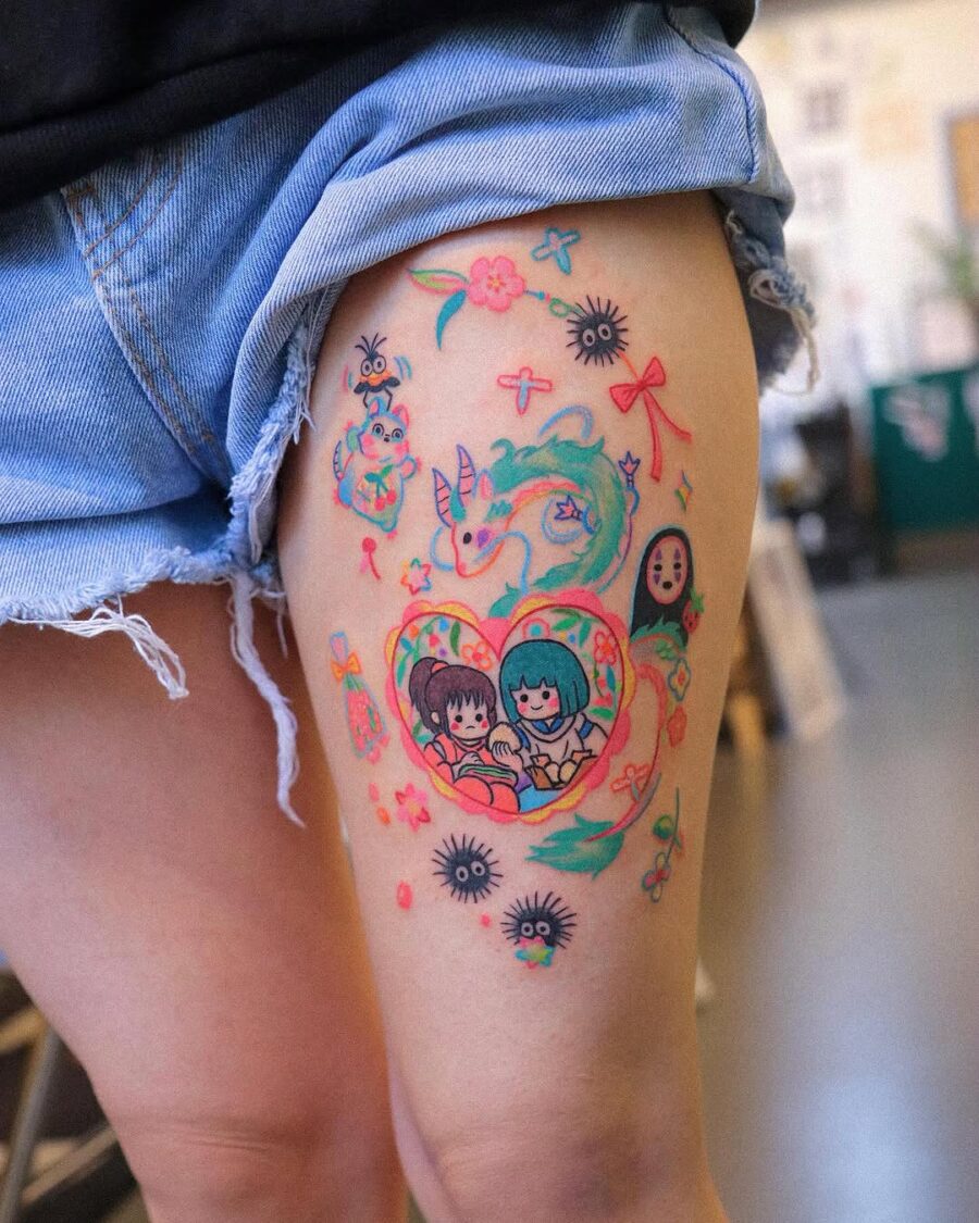 Vibrant Playful Tattoo with Whimsical Characters Tattoo on skin