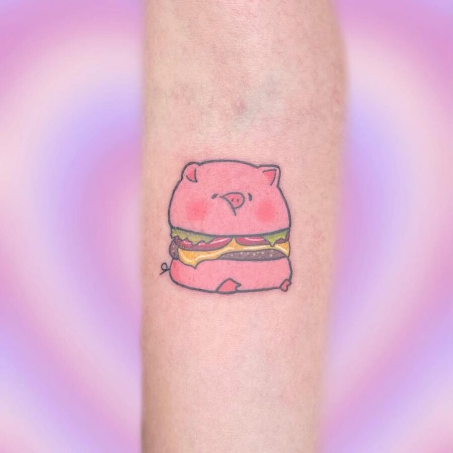 Adorable Pig Burger Tattoo with Playful Vibes Tattoo on skin