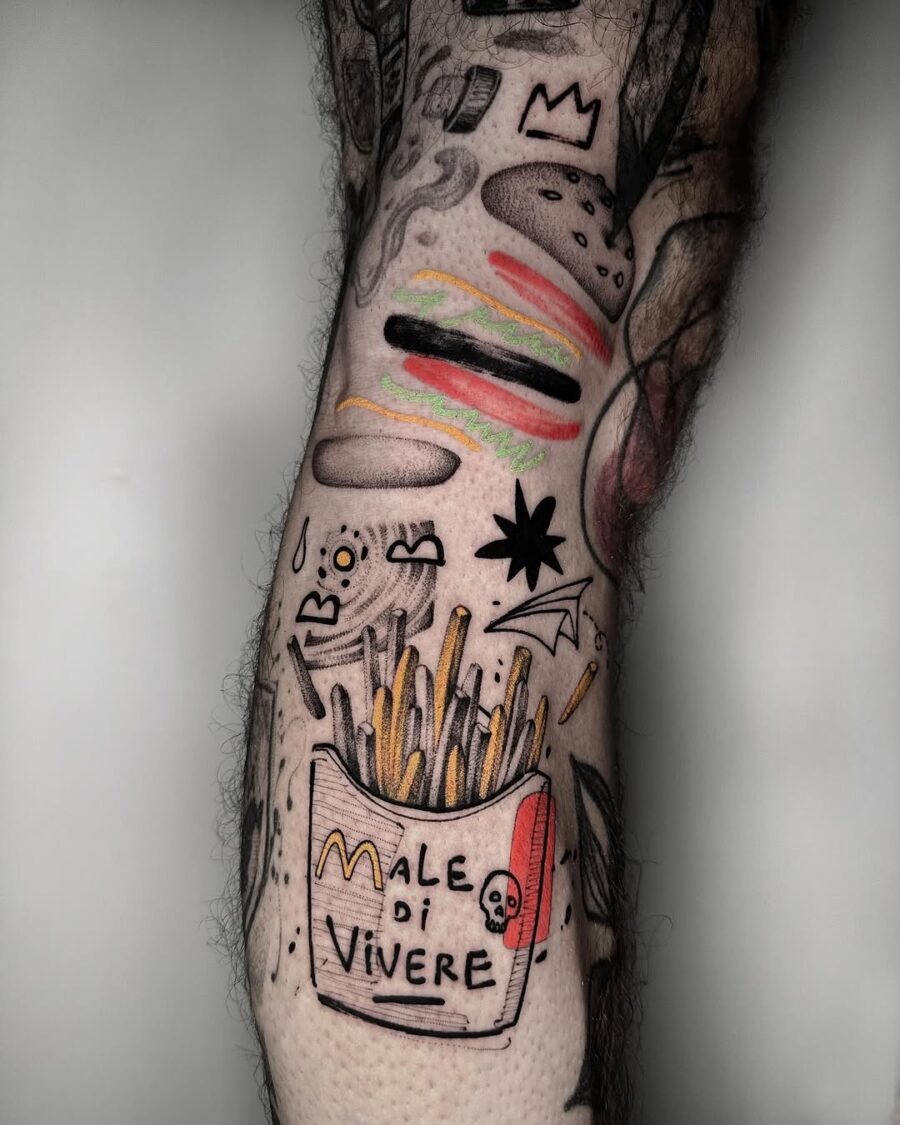 Colorful burger tattoo with artistic fries design Tattoo on skin