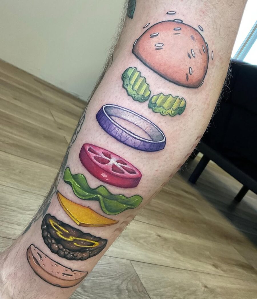 Colorful Burger Tattoo with Layered Ingredients Tattoo on skin