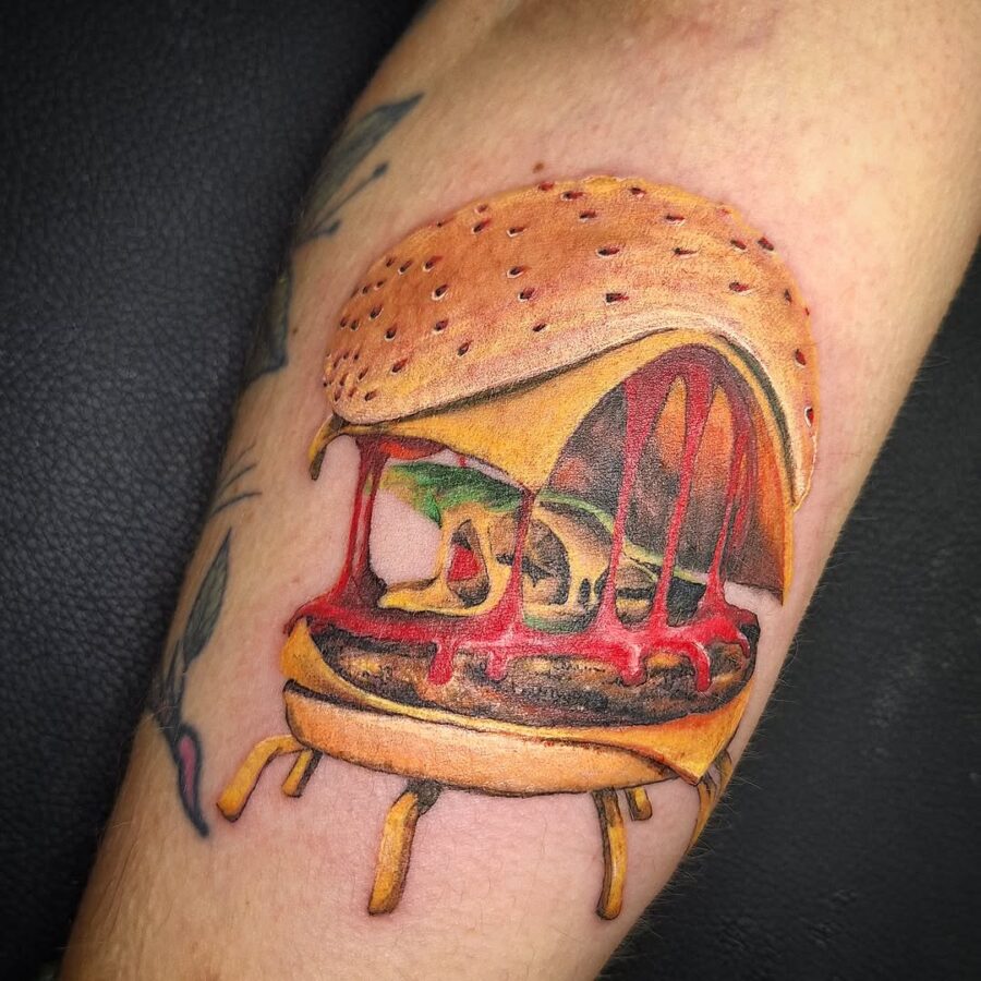 Colorful Hyper-Realistic Burger Tattoo Tattoo on skin